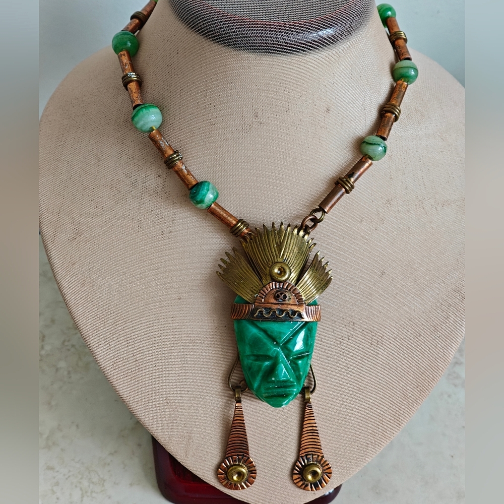 Vintage Mexican Taxco Mixed Metal Tribal Face Necklace Green Onyx Copper Brass
